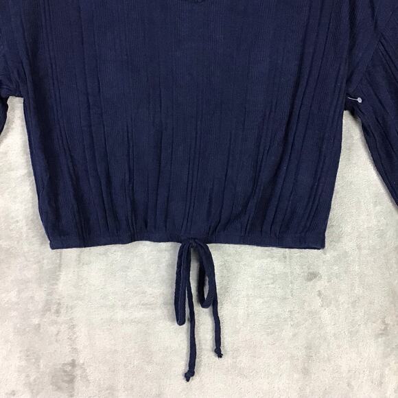 White Willow Women’s Navy Ribbed Long Sleeve Cropped Top Drawstring Hem Sz M - Picture 11 of 13